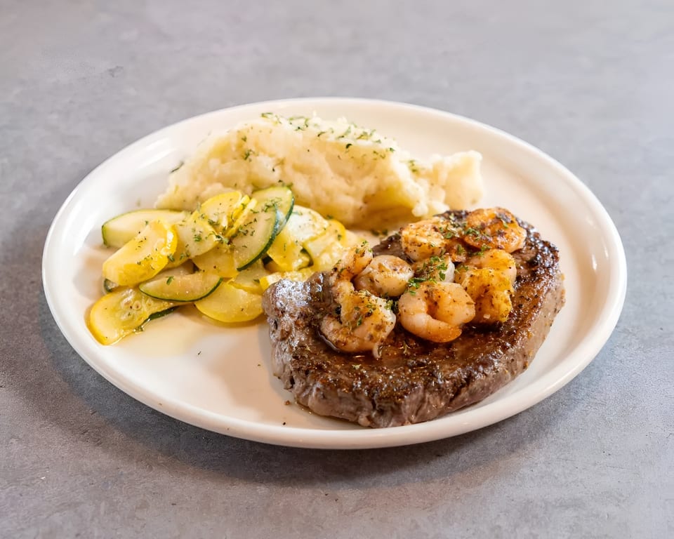 Steak and shrimp with mashed potatoes and sautéed zucchini and squash on a white plate.