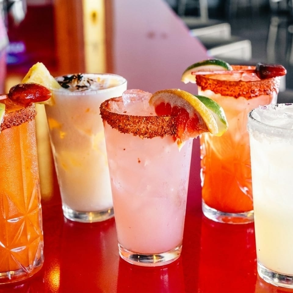 Five colorful cocktails with various garnishes, including lime, pineapple, and chili-salt rims, on a red bar.